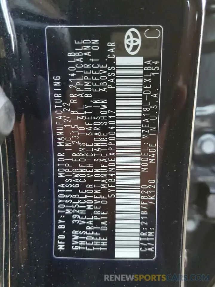 12 fotografías del automóvil dañado 5YFB4MDEXPP004017 TOYOTA COROLLA 2023