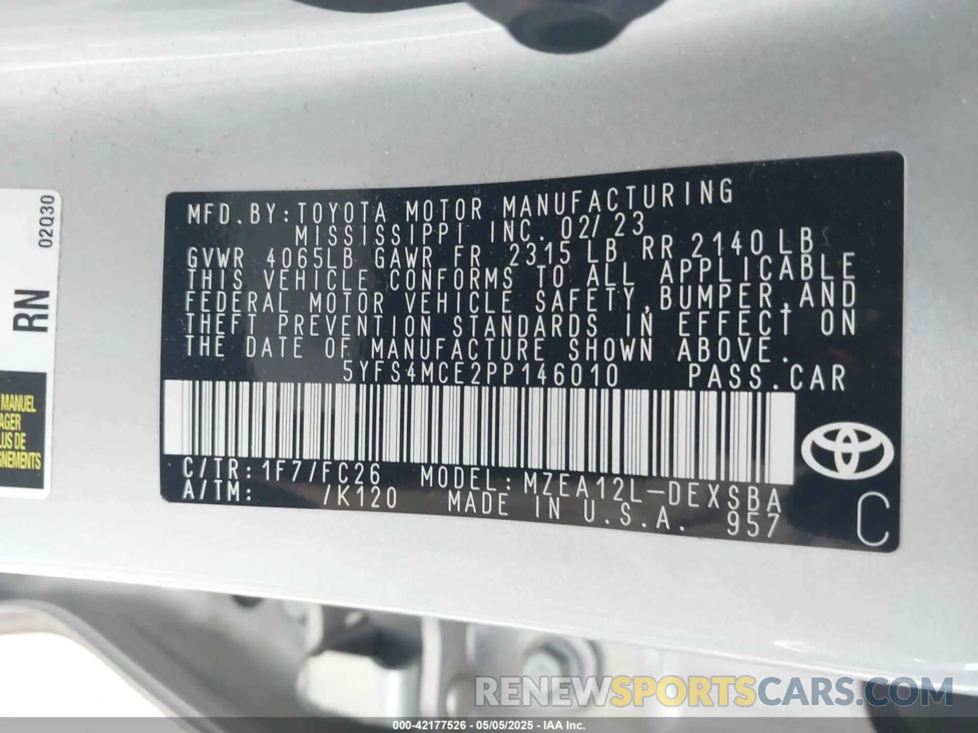 9 fotografías del automóvil dañado 5YFS4MCE2PP146010 TOYOTA COROLLA 2023