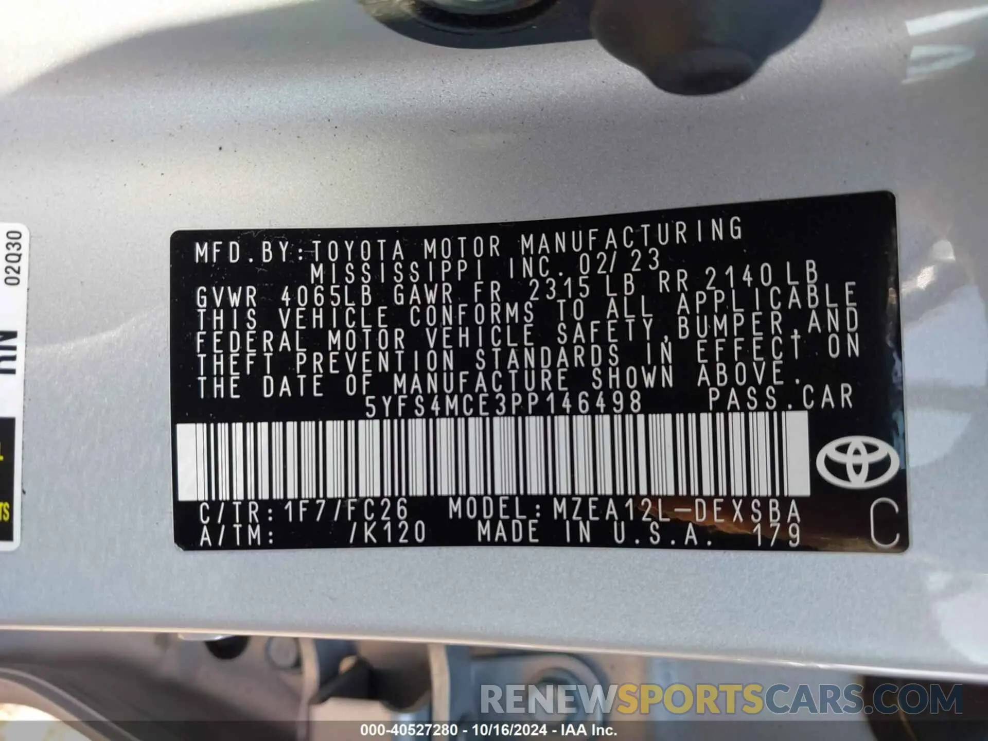 9 fotografías del automóvil dañado 5YFS4MCE3PP146498 TOYOTA COROLLA 2023