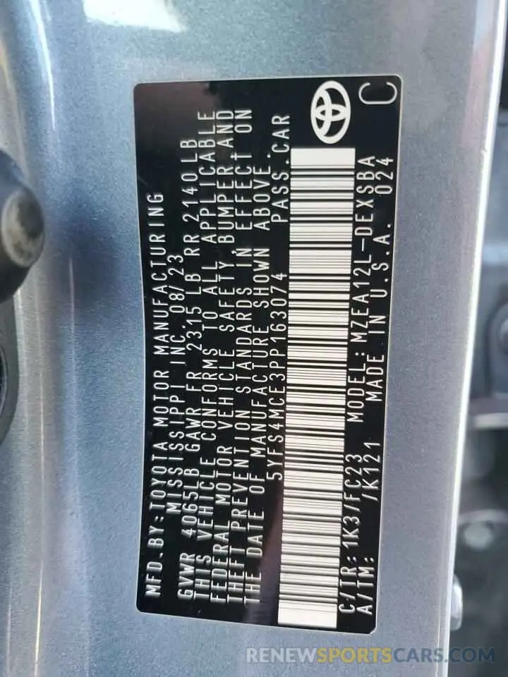 12 fotografías del automóvil dañado 5YFS4MCE3PP163074 TOYOTA COROLLA 2023