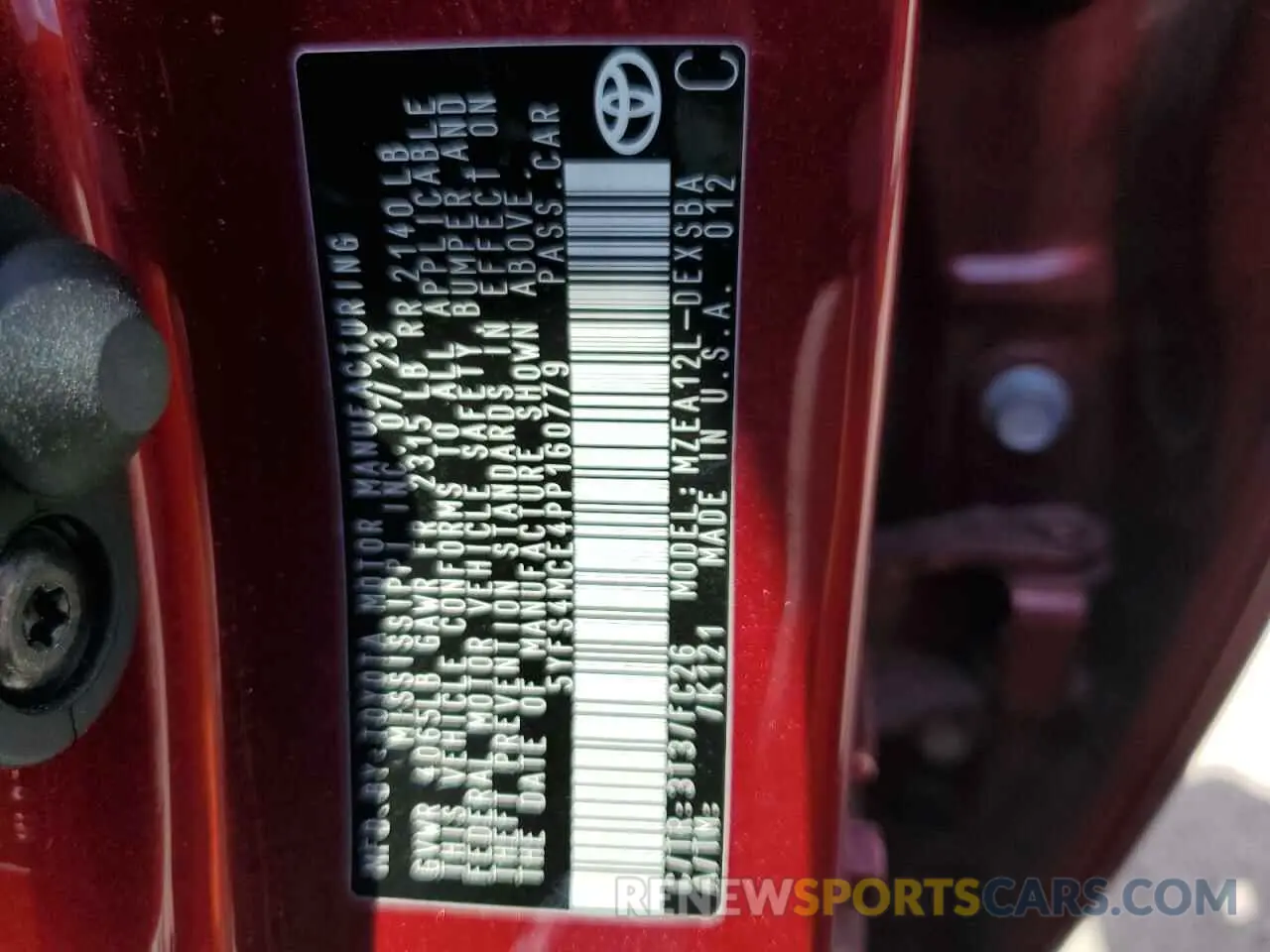 12 fotografías del automóvil dañado 5YFS4MCE4PP160779 TOYOTA COROLLA 2023