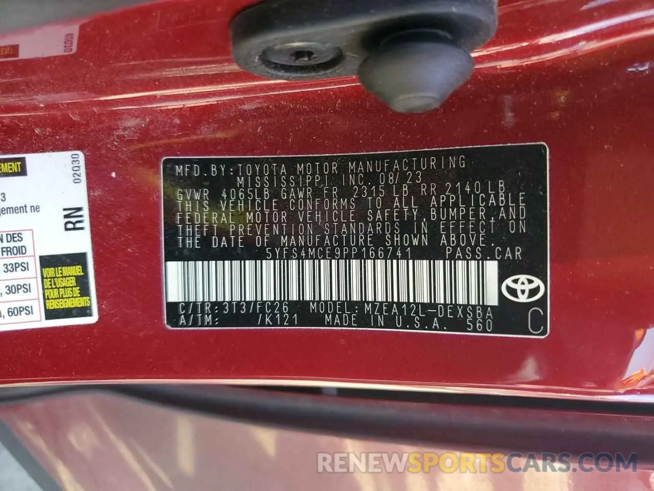 12 fotografías del automóvil dañado 5YFS4MCE9PP166741 TOYOTA COROLLA 2023