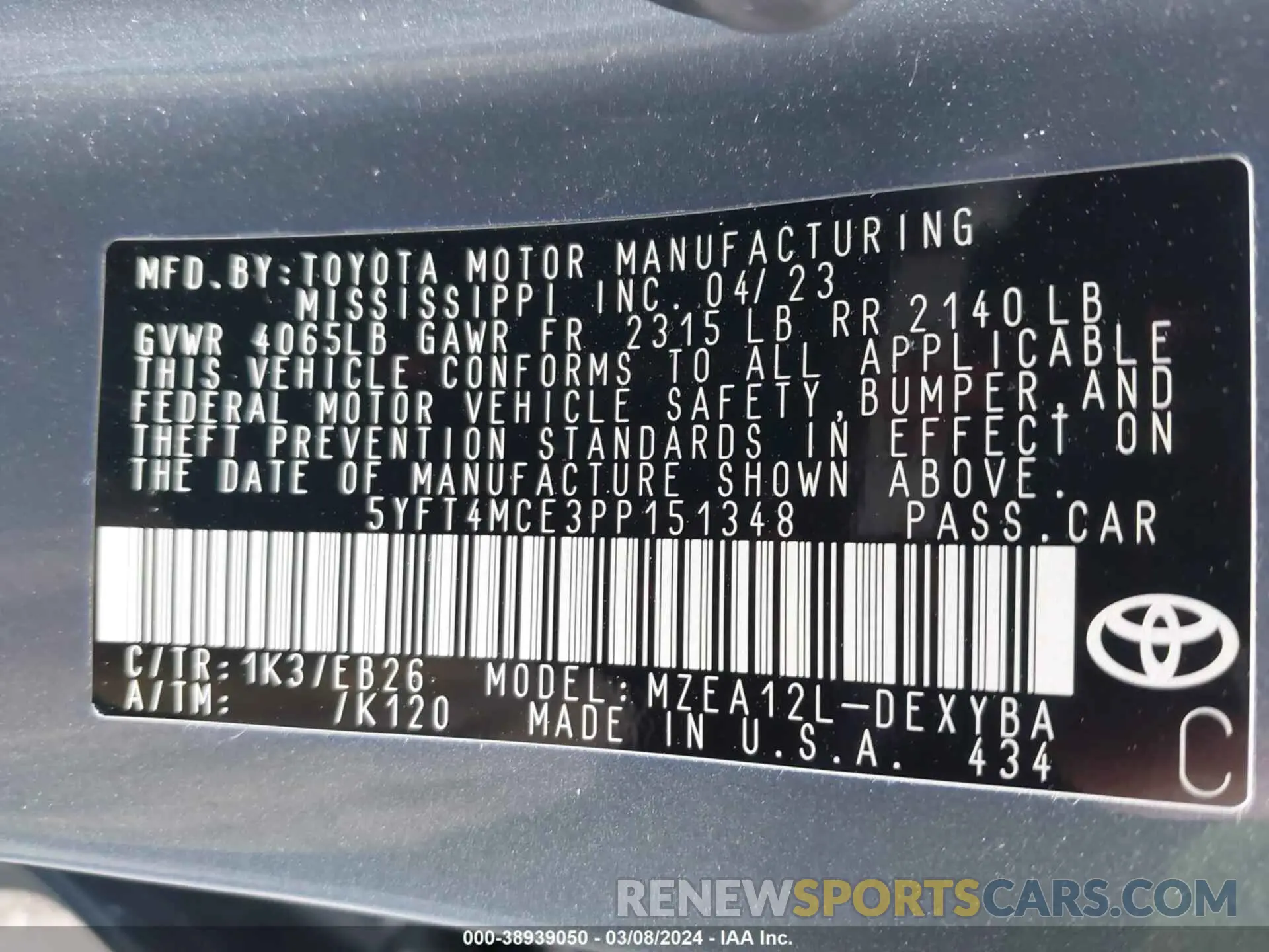 9 fotografías del automóvil dañado 5YFT4MCE3PP151348 TOYOTA COROLLA 2023