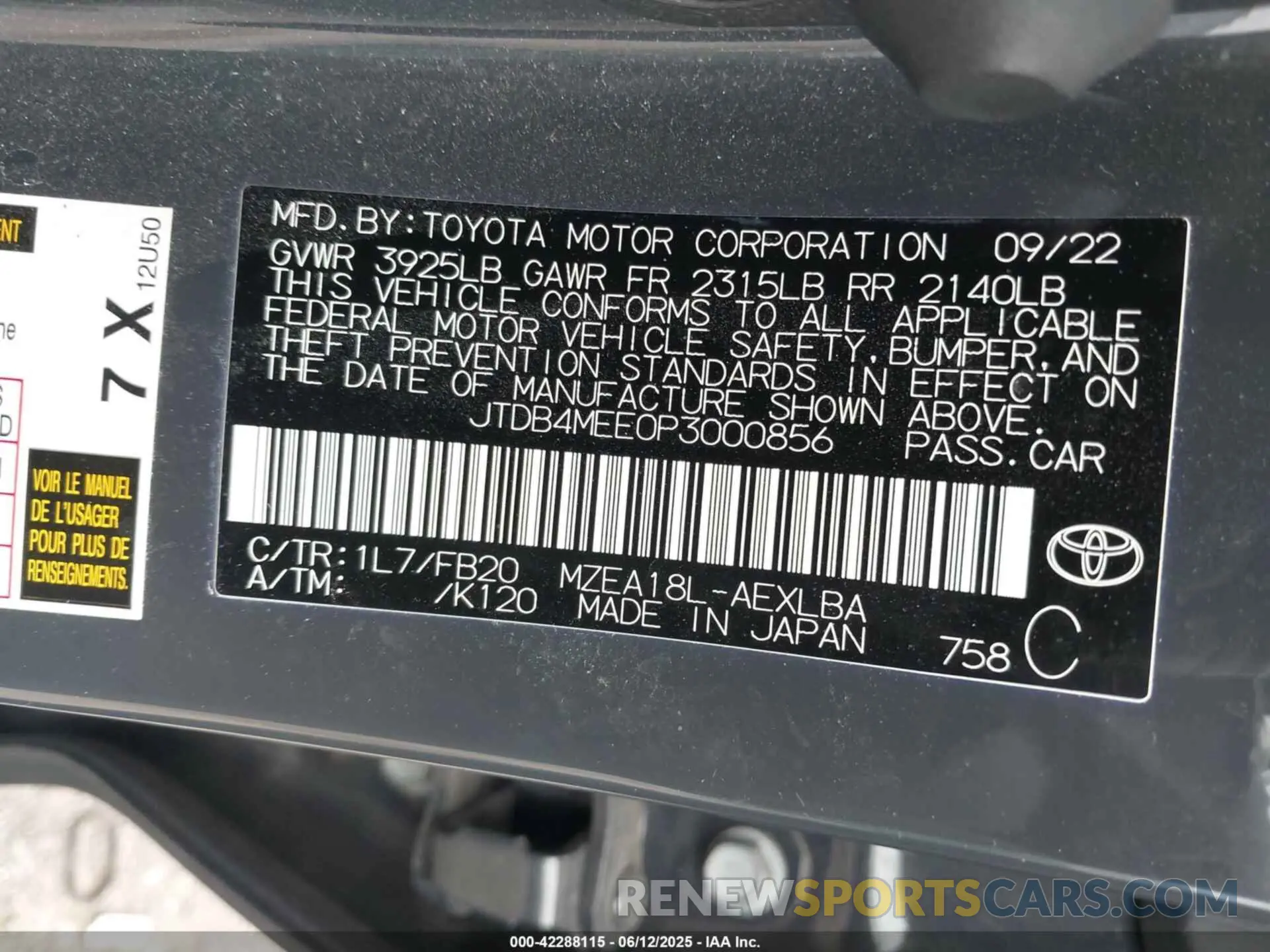 9 fotografías del automóvil dañado JTDB4MEE0P3000856 TOYOTA COROLLA 2023