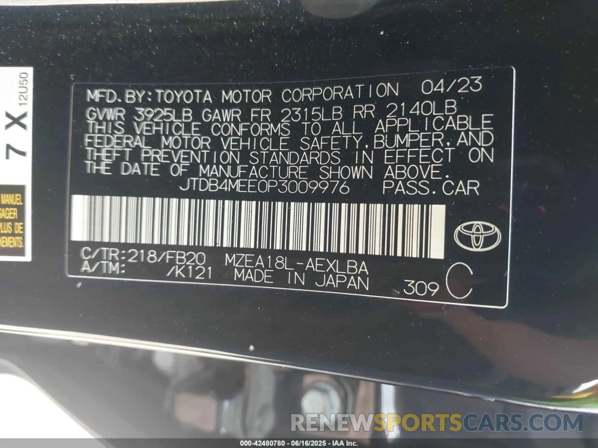 9 fotografías del automóvil dañado JTDB4MEE0P3009976 TOYOTA COROLLA 2023