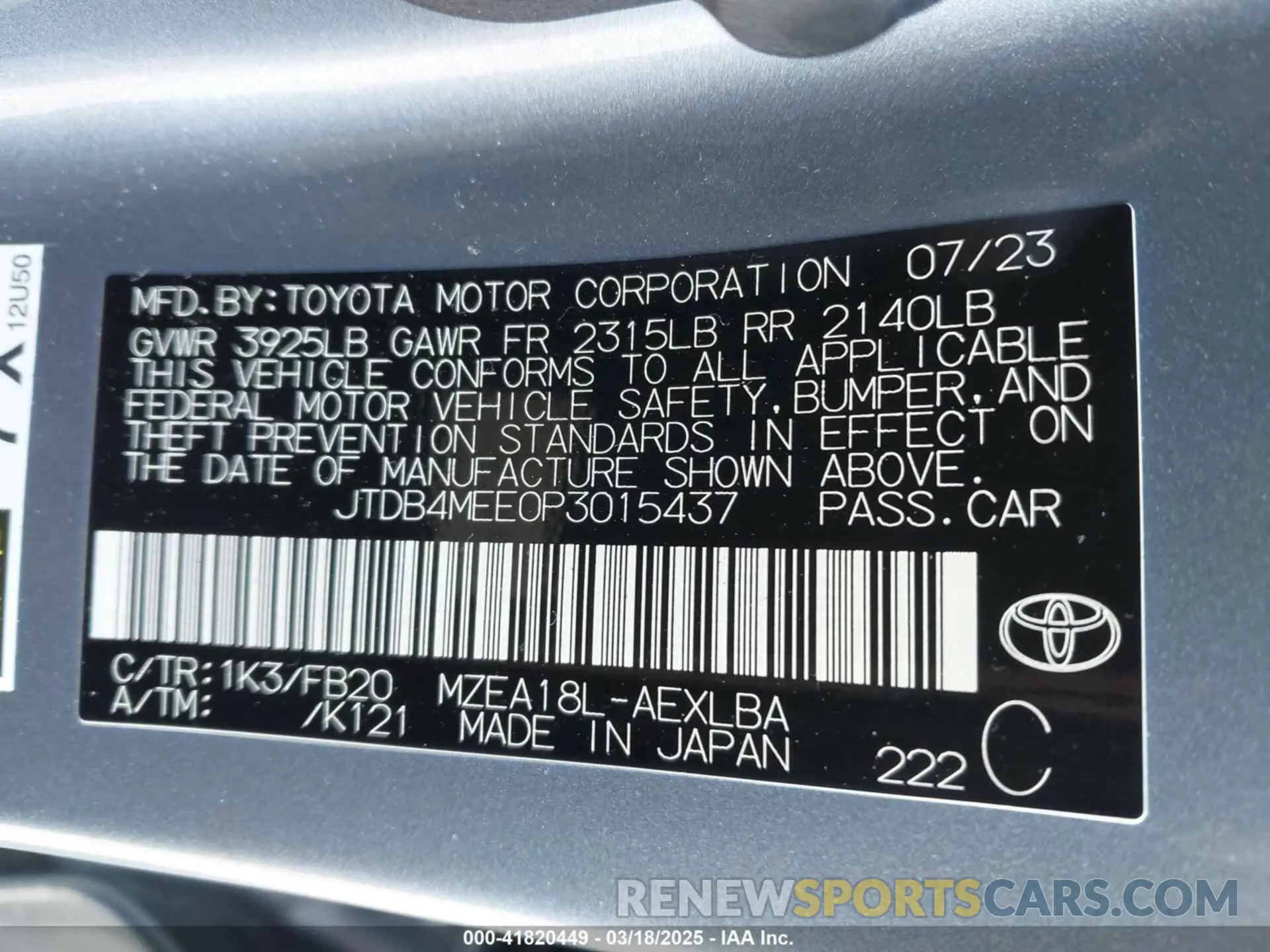 9 fotografías del automóvil dañado JTDB4MEE0P3015437 TOYOTA COROLLA 2023