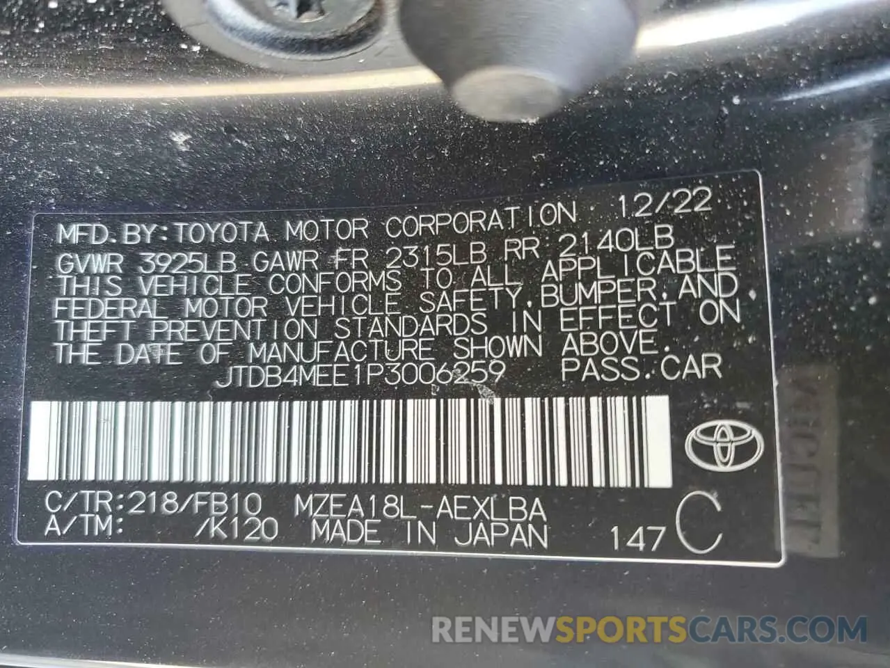 12 fotografías del automóvil dañado JTDB4MEE1P3006259 TOYOTA COROLLA 2023