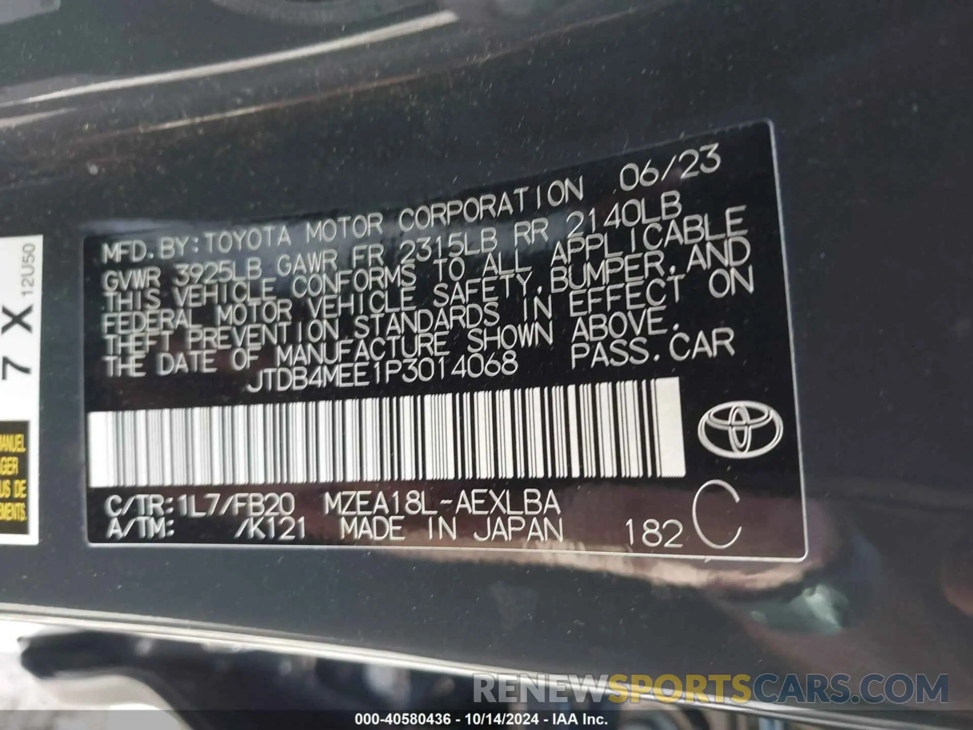 9 fotografías del automóvil dañado JTDB4MEE1P3014068 TOYOTA COROLLA 2023