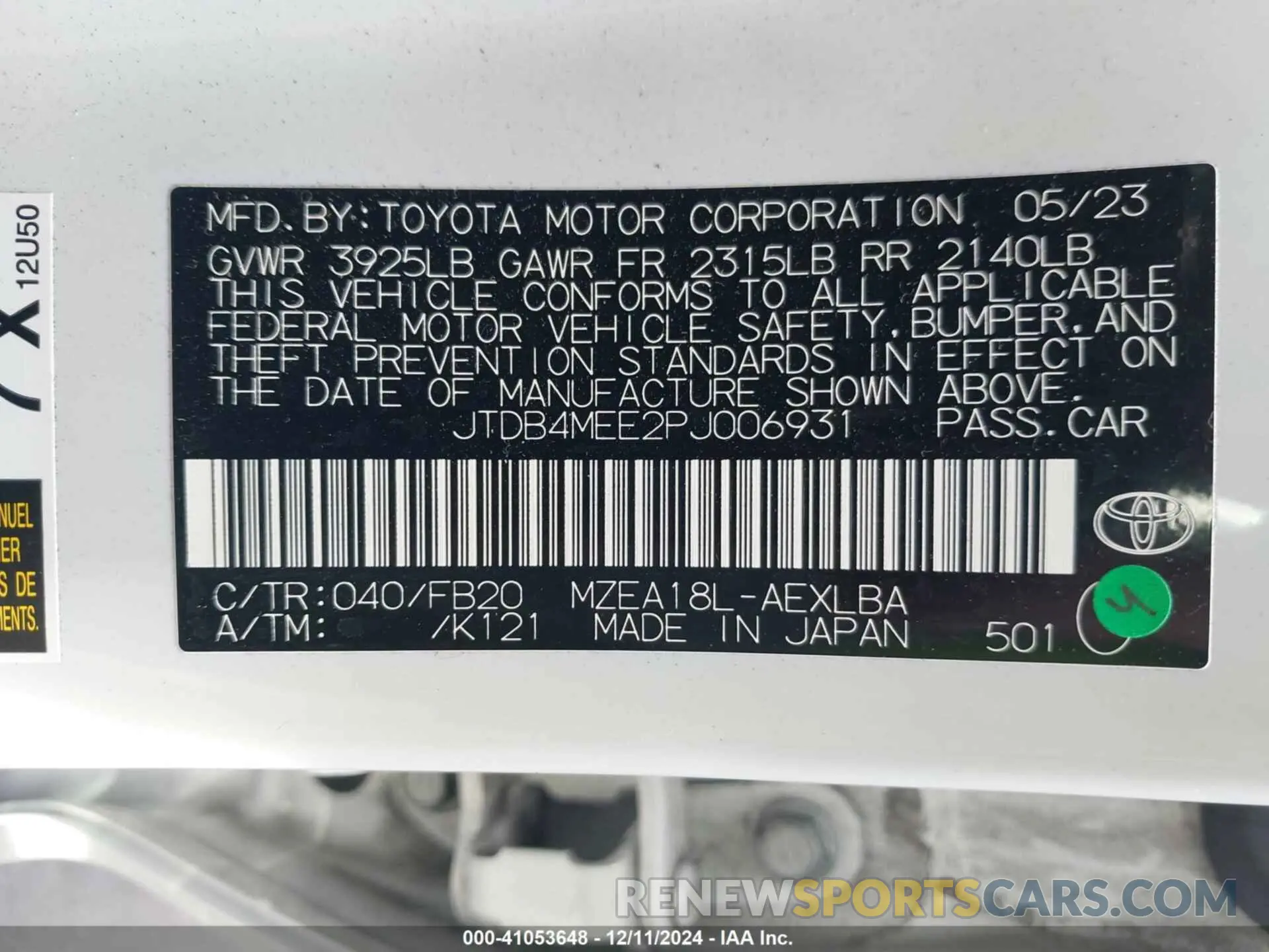 9 fotografías del automóvil dañado JTDB4MEE2PJ006931 TOYOTA COROLLA 2023