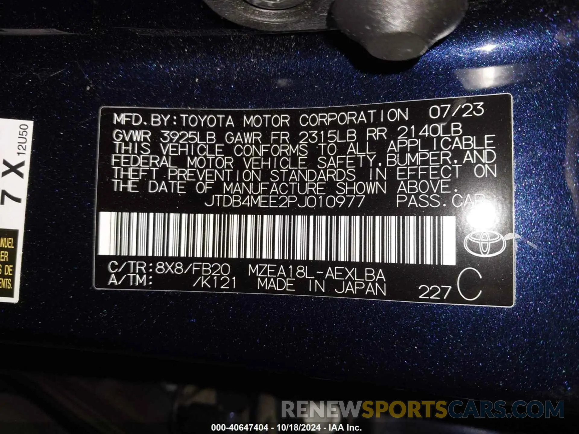9 fotografías del automóvil dañado JTDB4MEE2PJ010977 TOYOTA COROLLA 2023