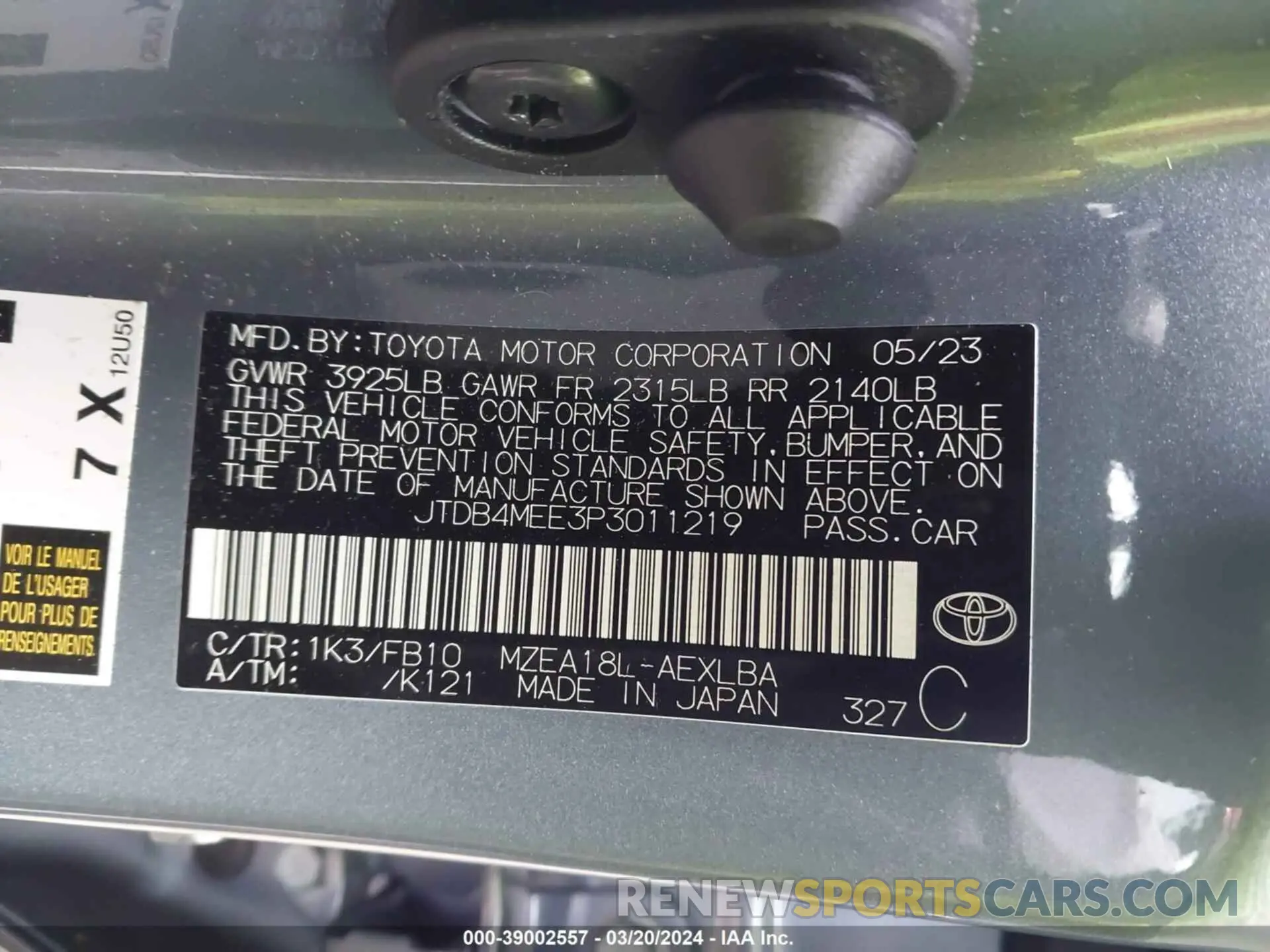 9 fotografías del automóvil dañado JTDB4MEE3P3011219 TOYOTA COROLLA 2023