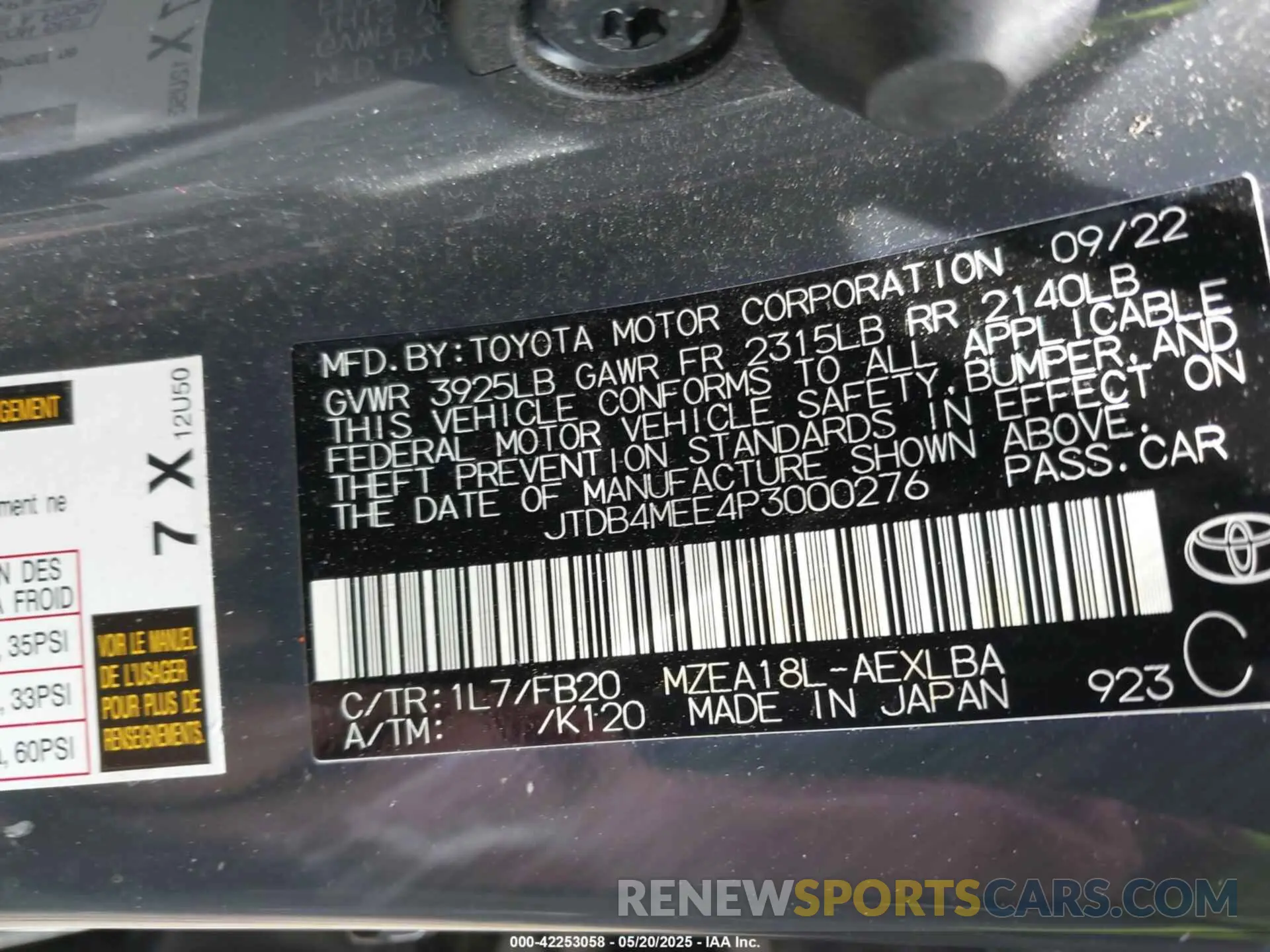 9 fotografías del automóvil dañado JTDB4MEE4P3000276 TOYOTA COROLLA 2023