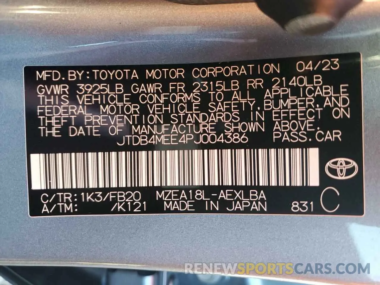 12 fotografías del automóvil dañado JTDB4MEE4PJ004386 TOYOTA COROLLA 2023
