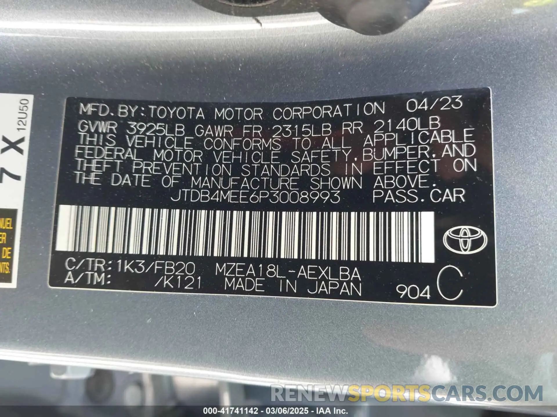 9 fotografías del automóvil dañado JTDB4MEE6P3008993 TOYOTA COROLLA 2023