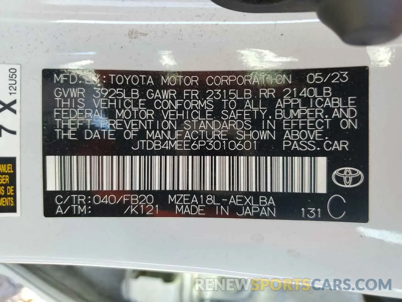 12 fotografías del automóvil dañado JTDB4MEE6P3010601 TOYOTA COROLLA 2023