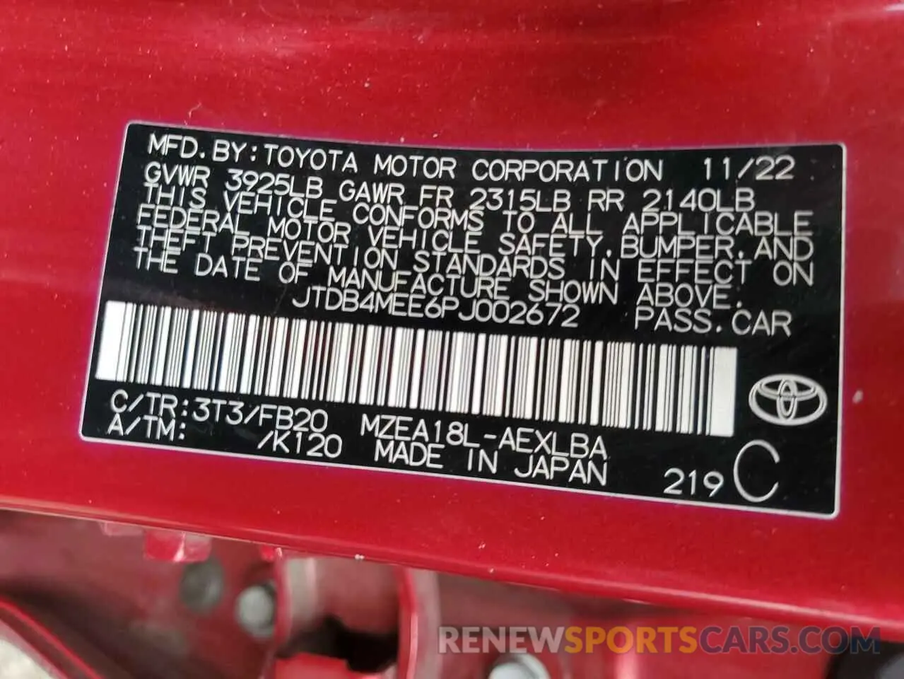 12 fotografías del automóvil dañado JTDB4MEE6PJ002672 TOYOTA COROLLA 2023