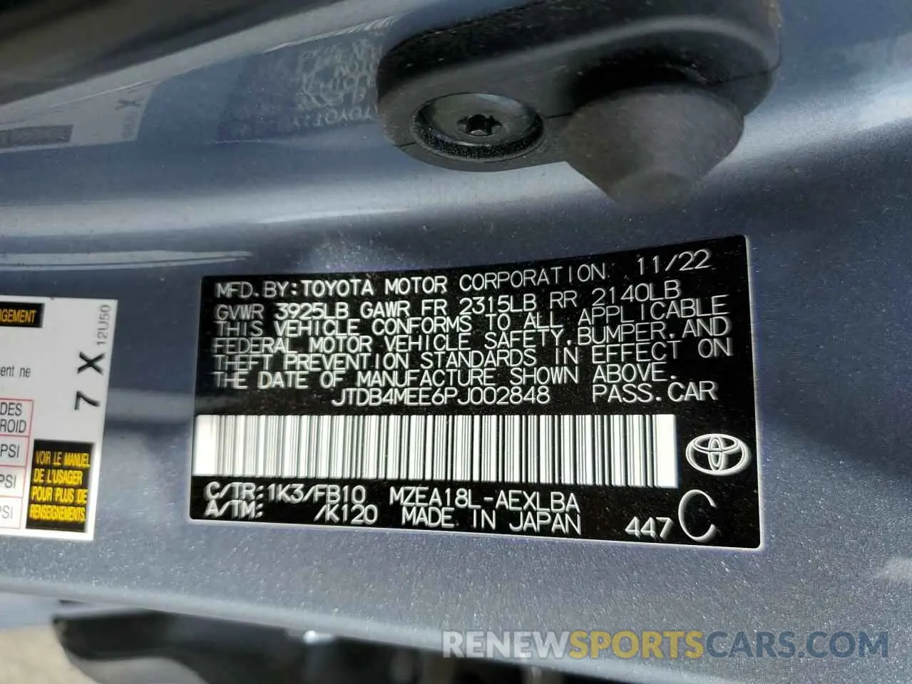 13 fotografías del automóvil dañado JTDB4MEE6PJ002848 TOYOTA COROLLA 2023