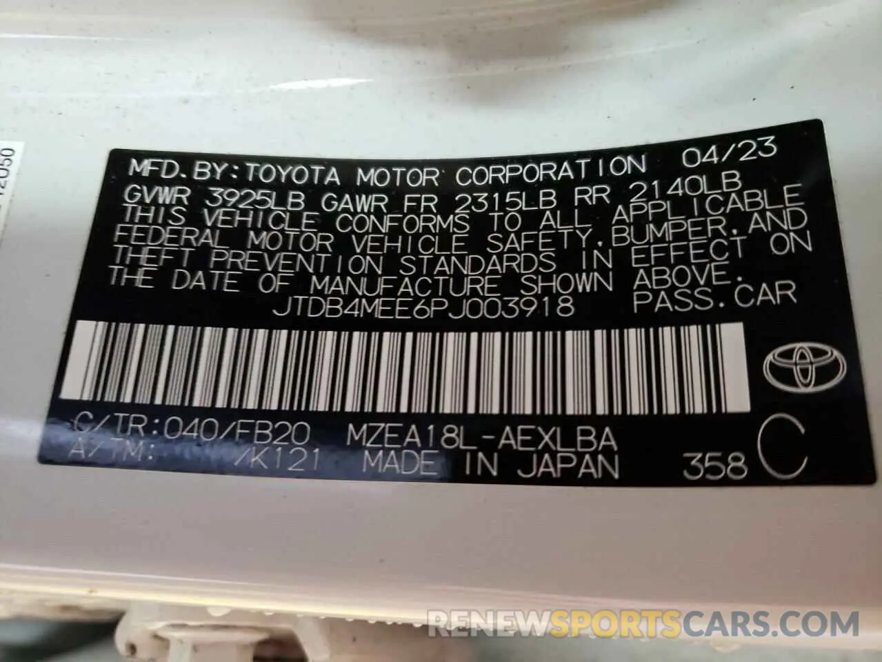 12 fotografías del automóvil dañado JTDB4MEE6PJ003918 TOYOTA COROLLA 2023