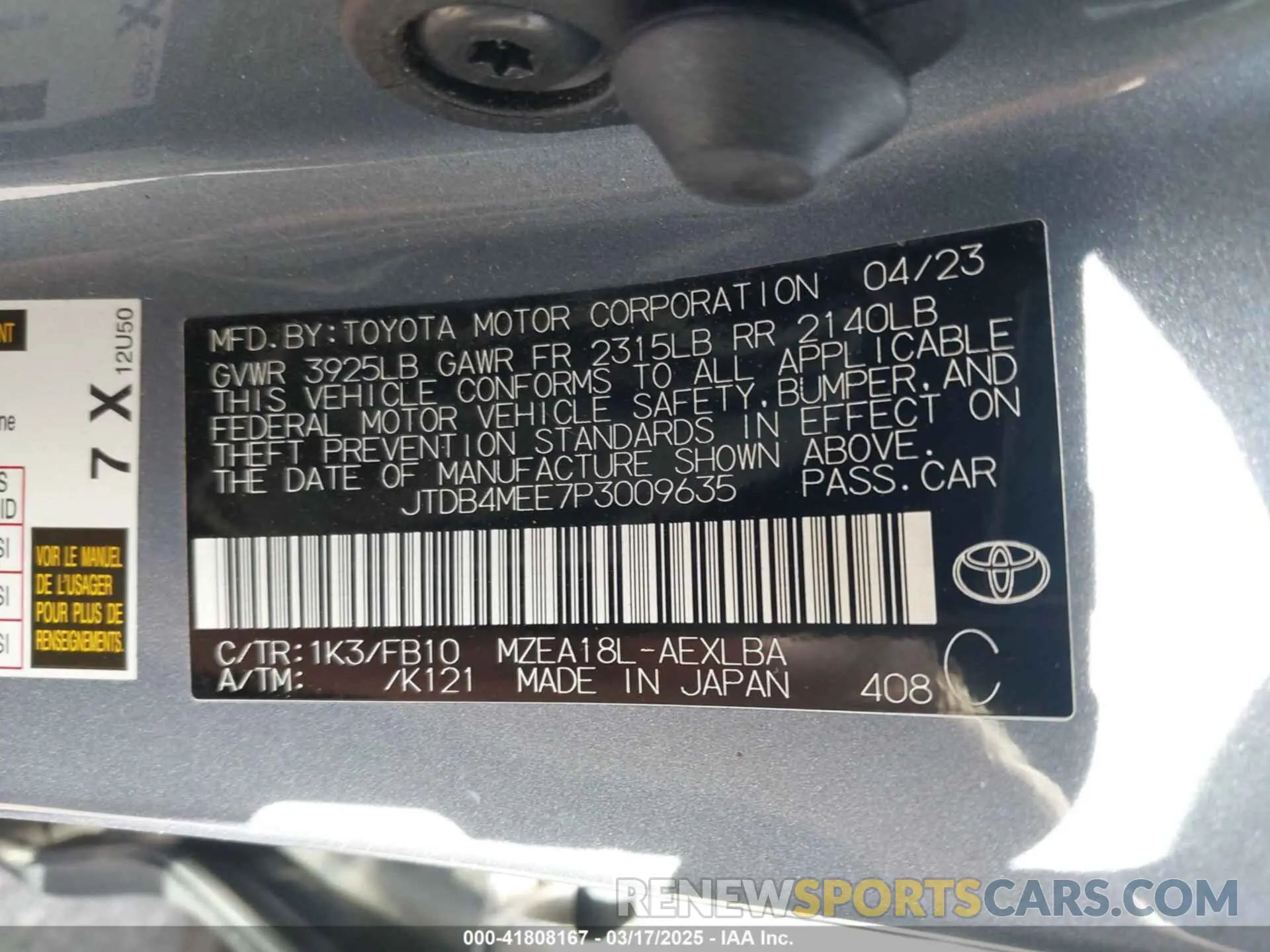 9 fotografías del automóvil dañado JTDB4MEE7P3009635 TOYOTA COROLLA 2023