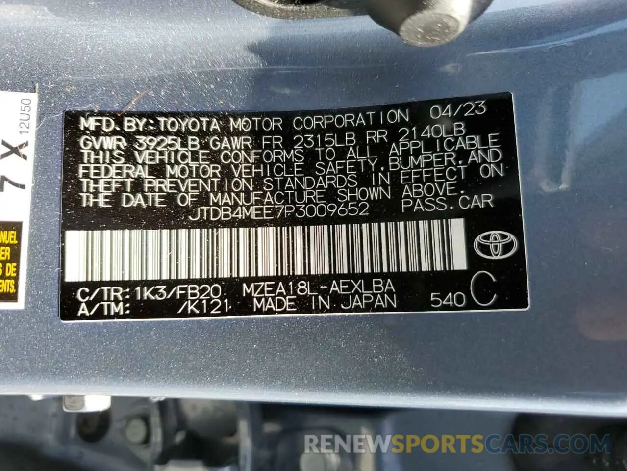 12 fotografías del automóvil dañado JTDB4MEE7P3009652 TOYOTA COROLLA 2023