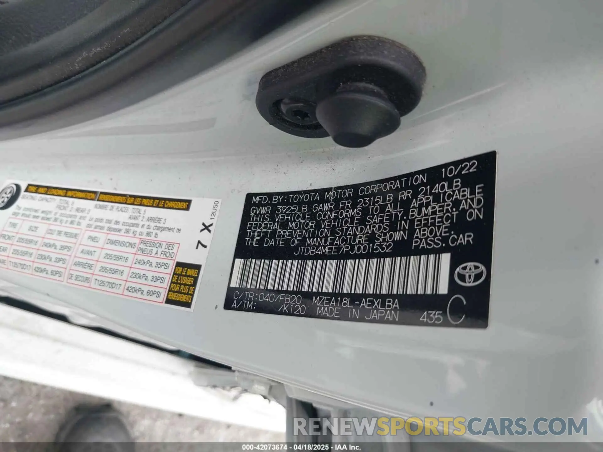 9 fotografías del automóvil dañado JTDB4MEE7PJ001532 TOYOTA COROLLA 2023
