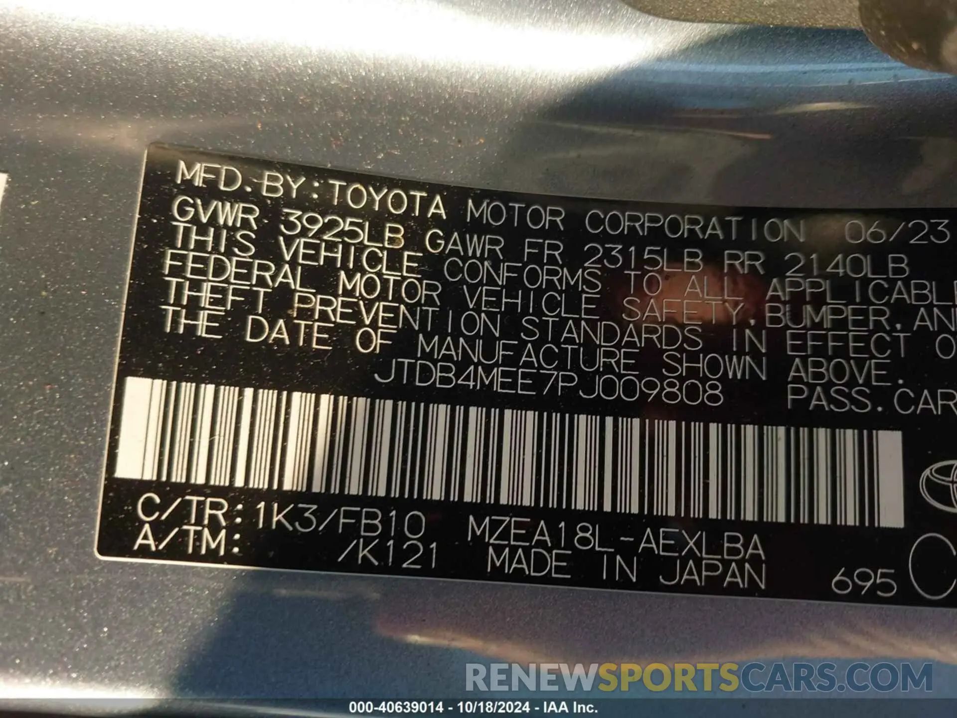 9 fotografías del automóvil dañado JTDB4MEE7PJ009808 TOYOTA COROLLA 2023