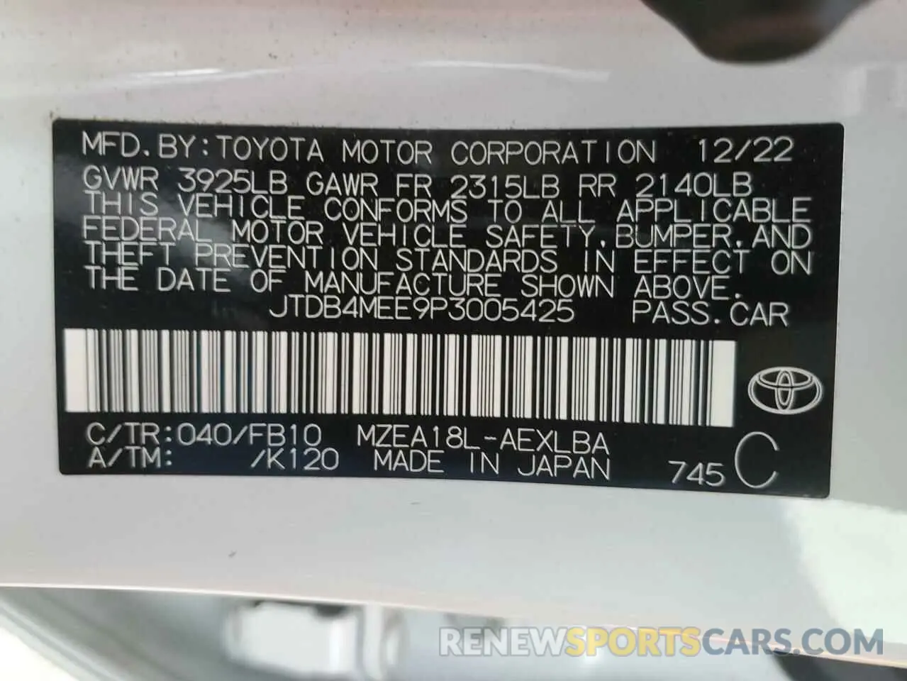 13 fotografías del automóvil dañado JTDB4MEE9P3005425 TOYOTA COROLLA 2023