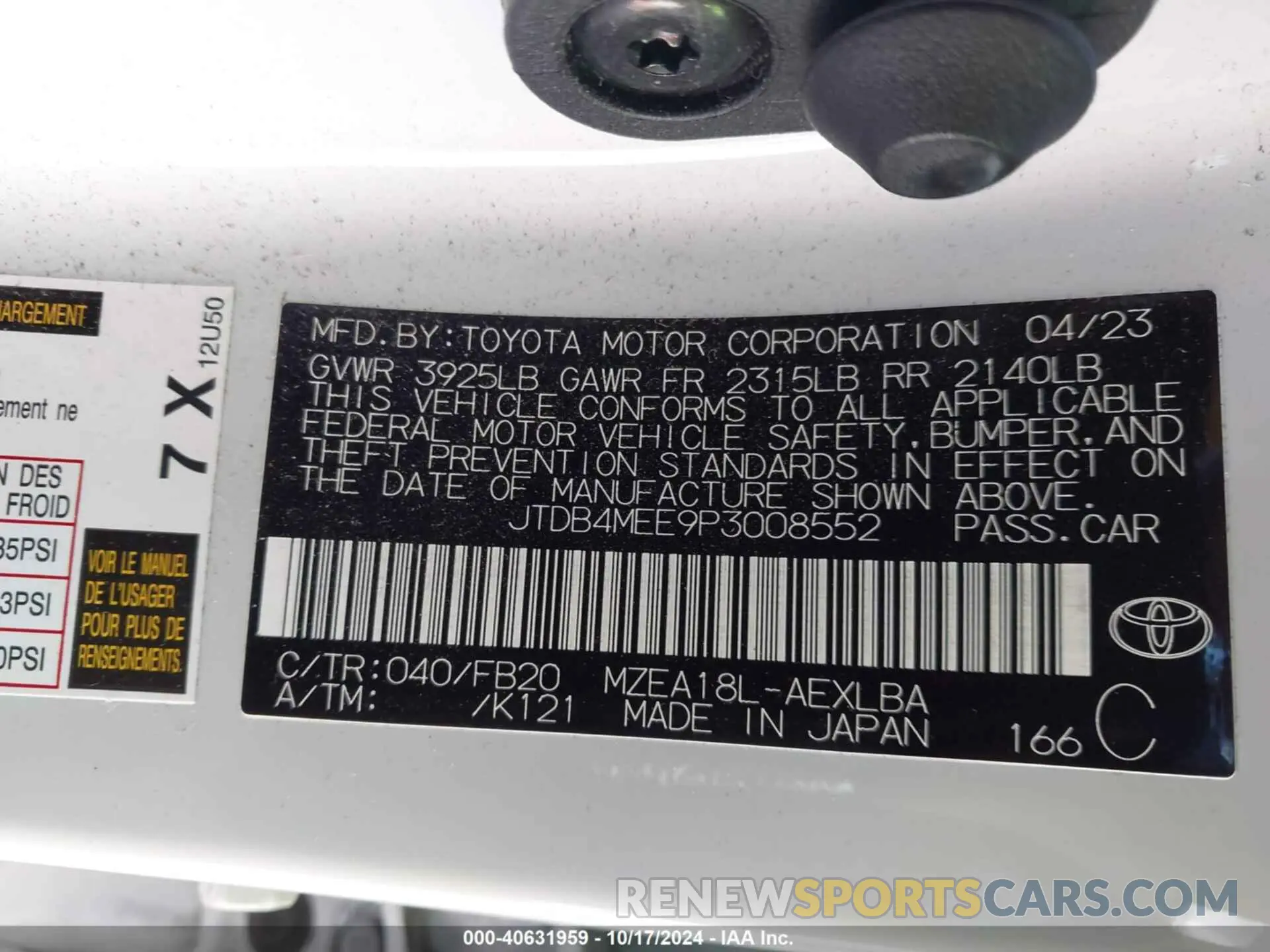 9 fotografías del automóvil dañado JTDB4MEE9P3008552 TOYOTA COROLLA 2023