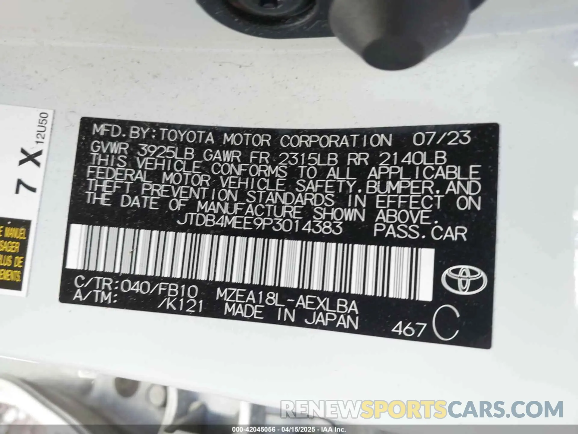 9 fotografías del automóvil dañado JTDB4MEE9P3014383 TOYOTA COROLLA 2023