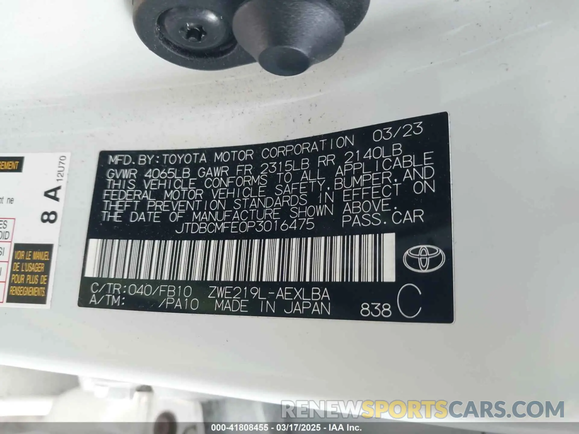 9 fotografías del automóvil dañado JTDBCMFE0P3016475 TOYOTA COROLLA 2023
