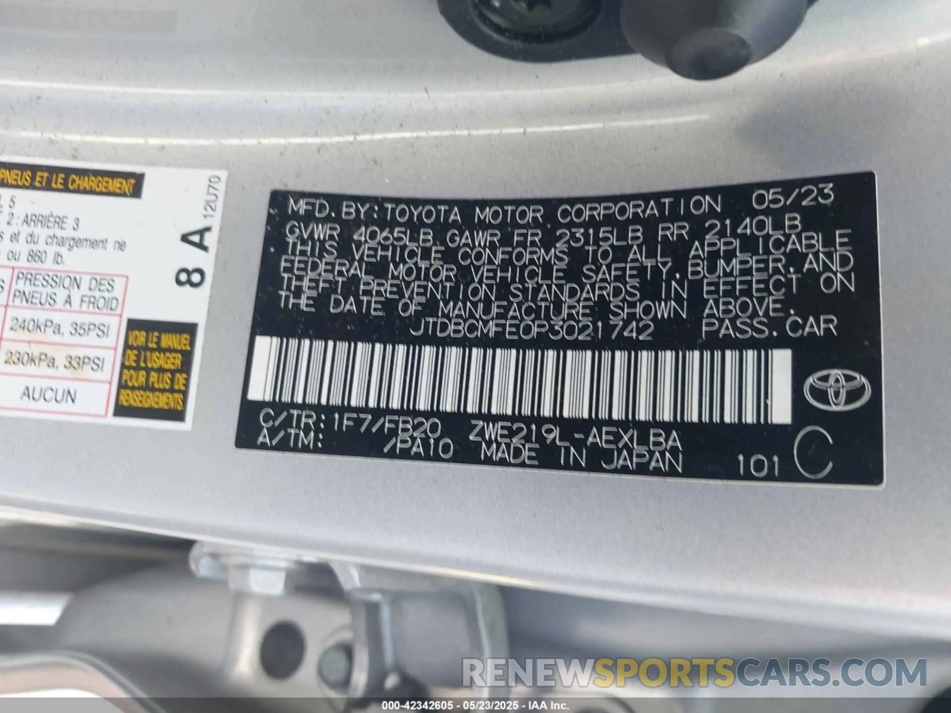 9 fotografías del automóvil dañado JTDBCMFE0P3021742 TOYOTA COROLLA 2023