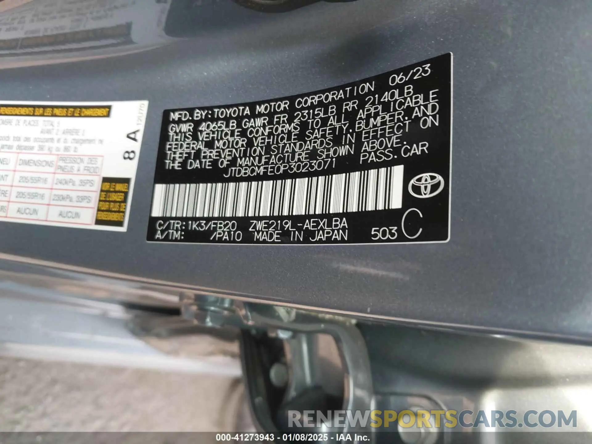 9 fotografías del automóvil dañado JTDBCMFE0P3023071 TOYOTA COROLLA 2023
