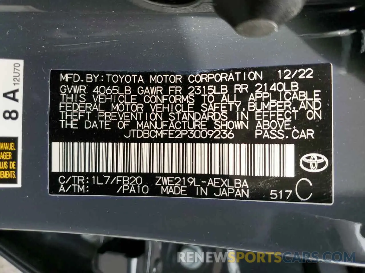 12 fotografías del automóvil dañado JTDBCMFE2P3009236 TOYOTA COROLLA 2023