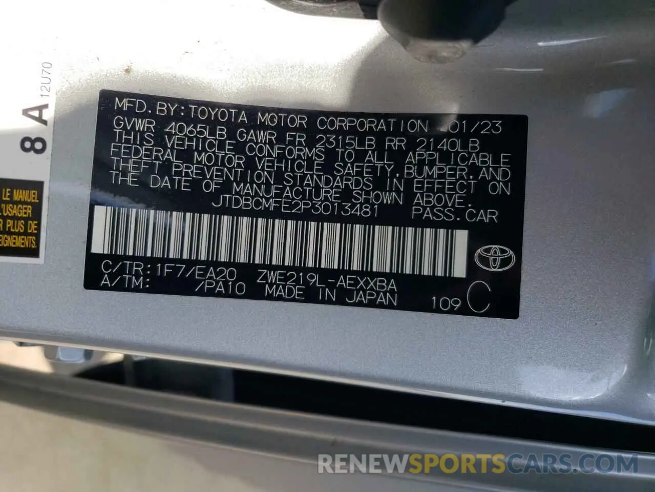 14 fotografías del automóvil dañado JTDBCMFE2P3013481 TOYOTA COROLLA 2023