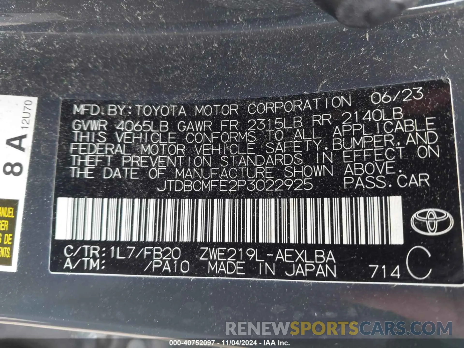 9 fotografías del automóvil dañado JTDBCMFE2P3022925 TOYOTA COROLLA 2023