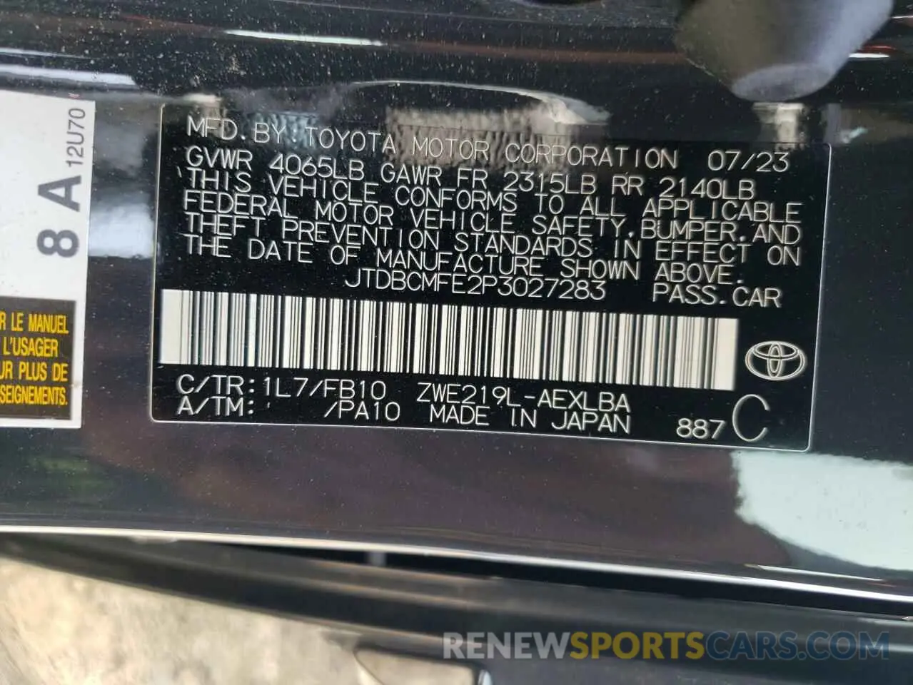 13 fotografías del automóvil dañado JTDBCMFE2P3027283 TOYOTA COROLLA 2023