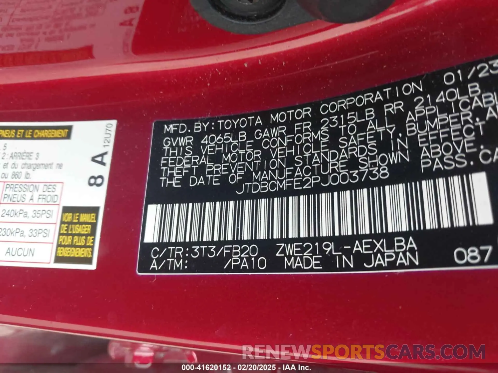 9 fotografías del automóvil dañado JTDBCMFE2PJ003738 TOYOTA COROLLA 2023