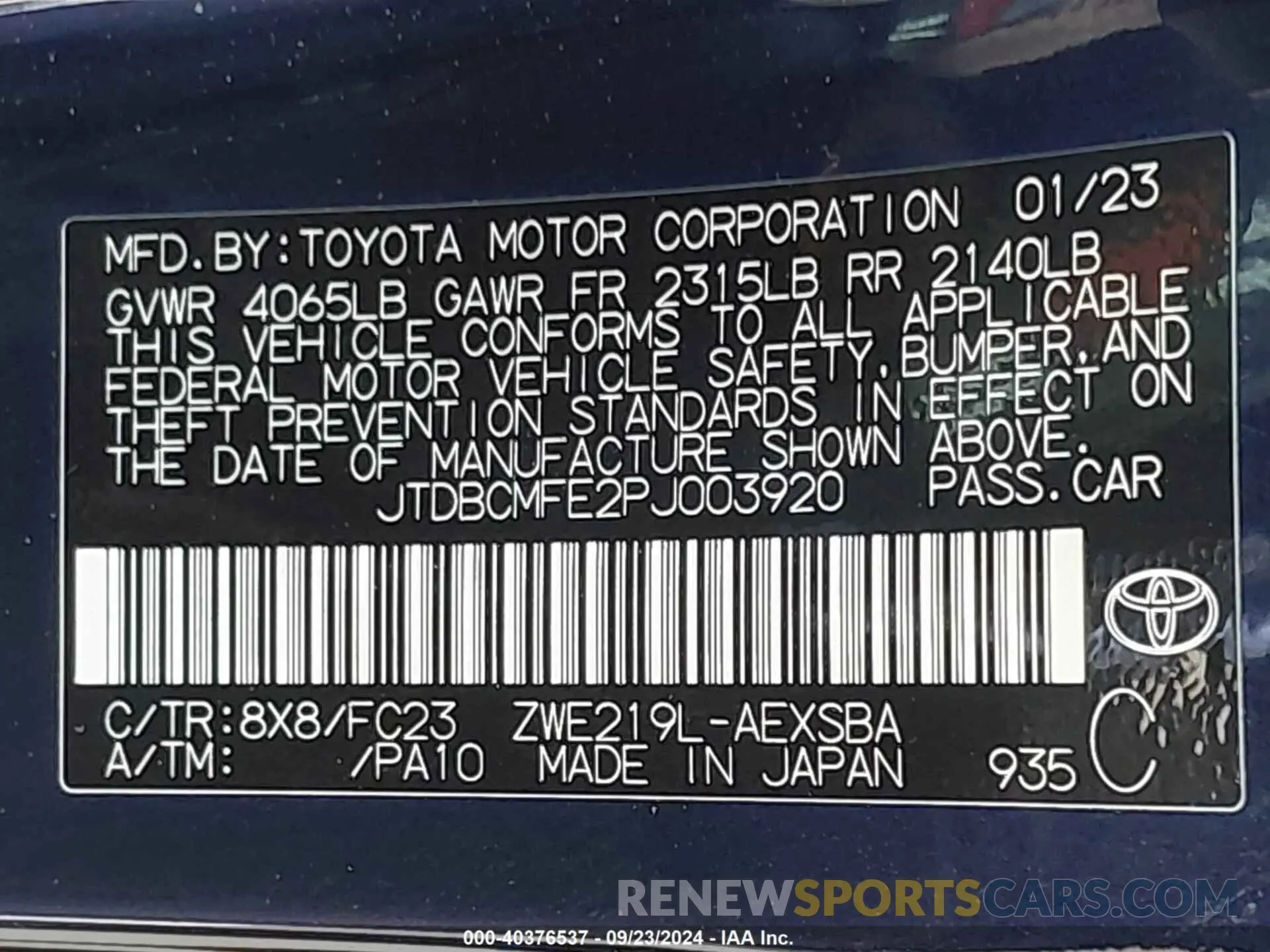 9 fotografías del automóvil dañado JTDBCMFE2PJ003920 TOYOTA COROLLA 2023