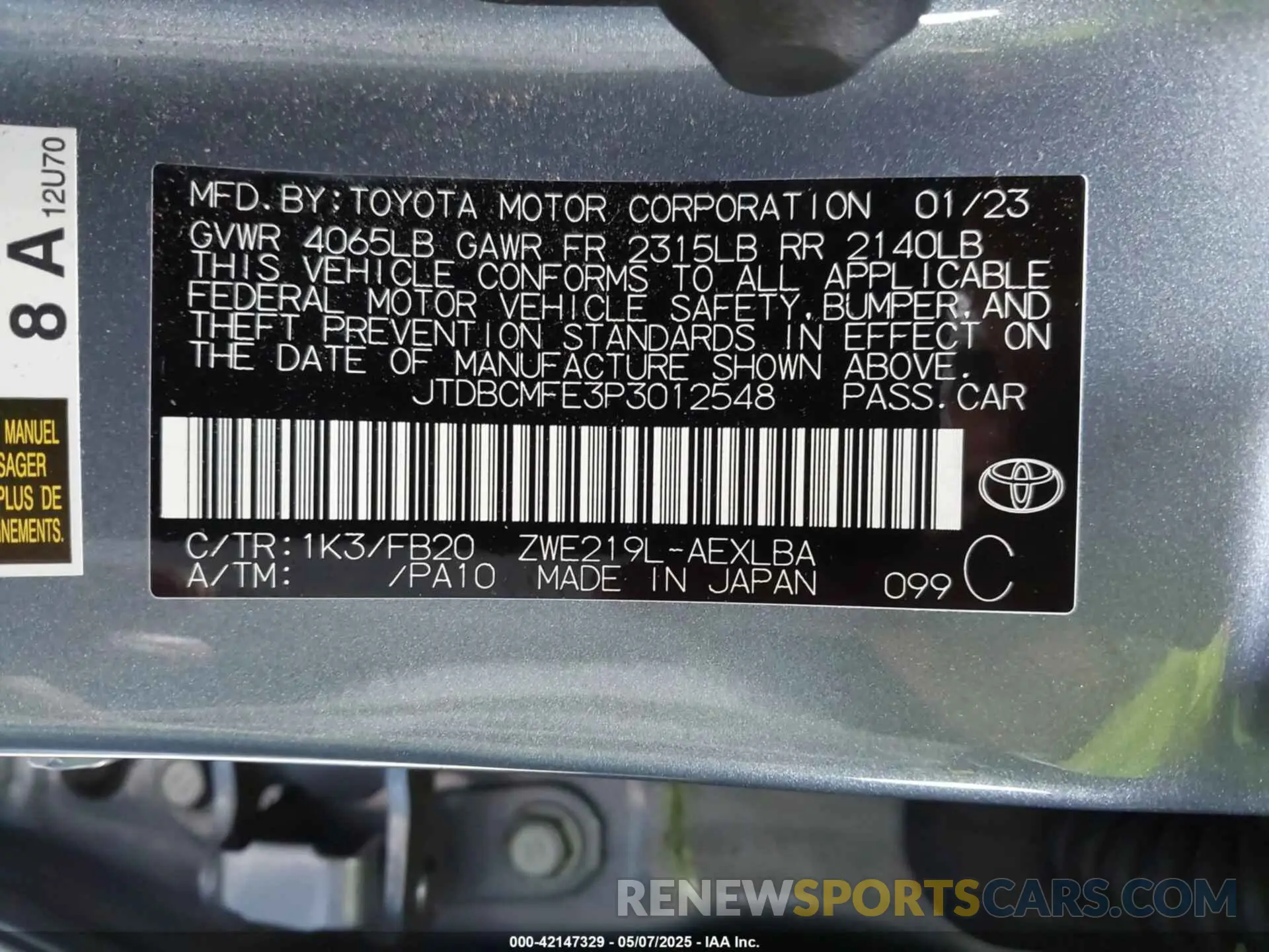 9 fotografías del automóvil dañado JTDBCMFE3P3012548 TOYOTA COROLLA 2023