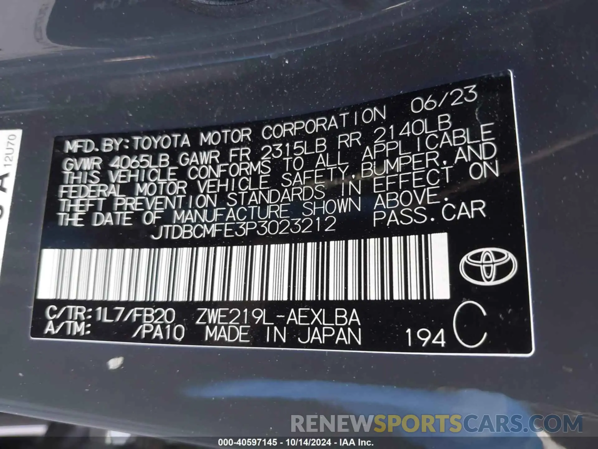 9 fotografías del automóvil dañado JTDBCMFE3P3023212 TOYOTA COROLLA 2023