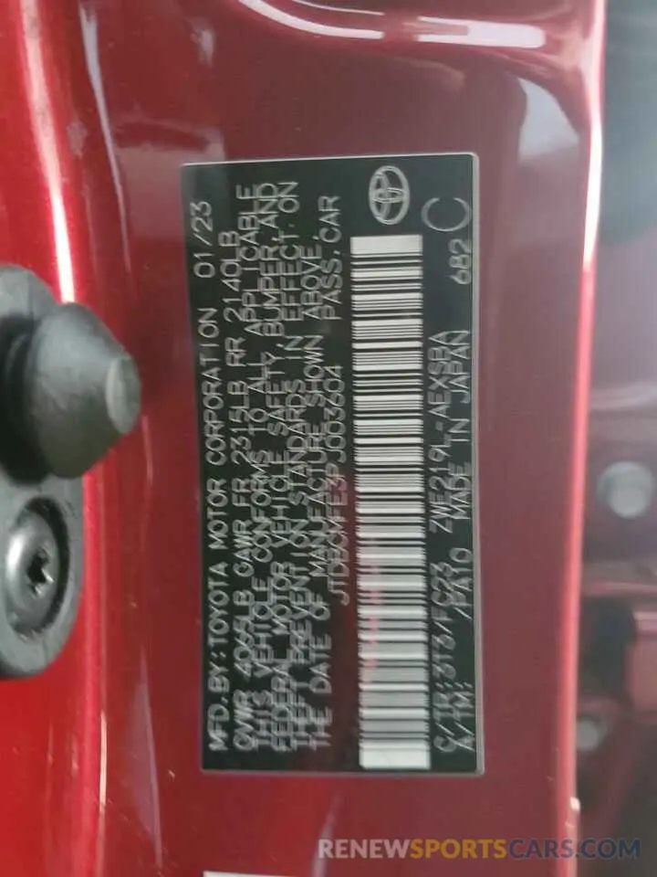 13 fotografías del automóvil dañado JTDBCMFE3PJ003604 TOYOTA COROLLA 2023