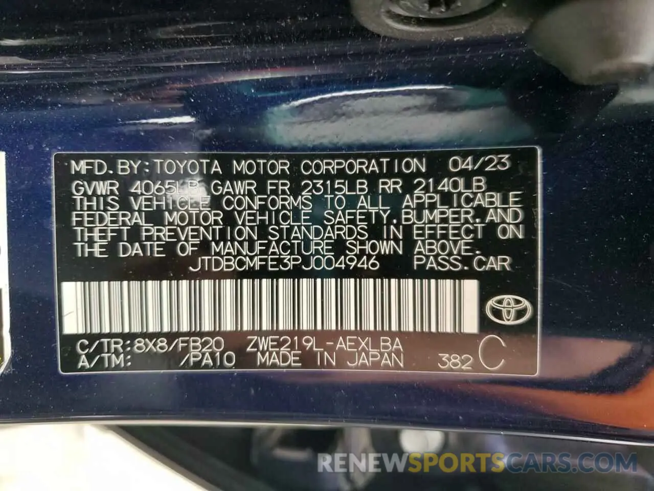 13 fotografías del automóvil dañado JTDBCMFE3PJ004946 TOYOTA COROLLA 2023
