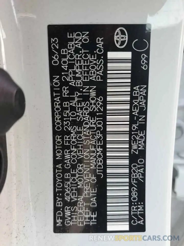 12 fotografías del automóvil dañado JTDBCMFE3PJ011296 TOYOTA COROLLA 2023