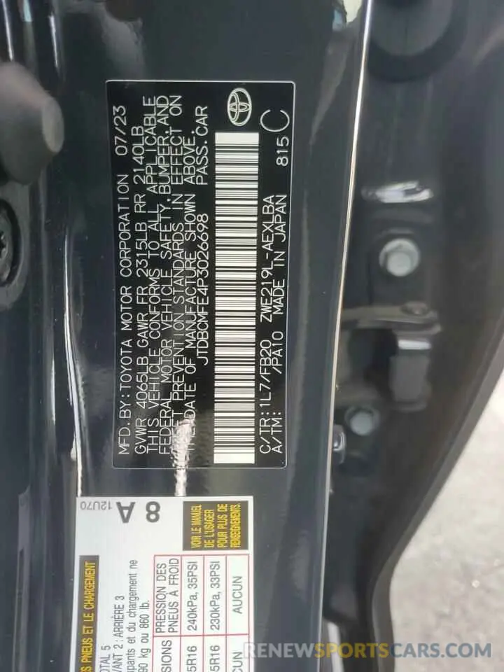 12 fotografías del automóvil dañado JTDBCMFE4P3026698 TOYOTA COROLLA 2023
