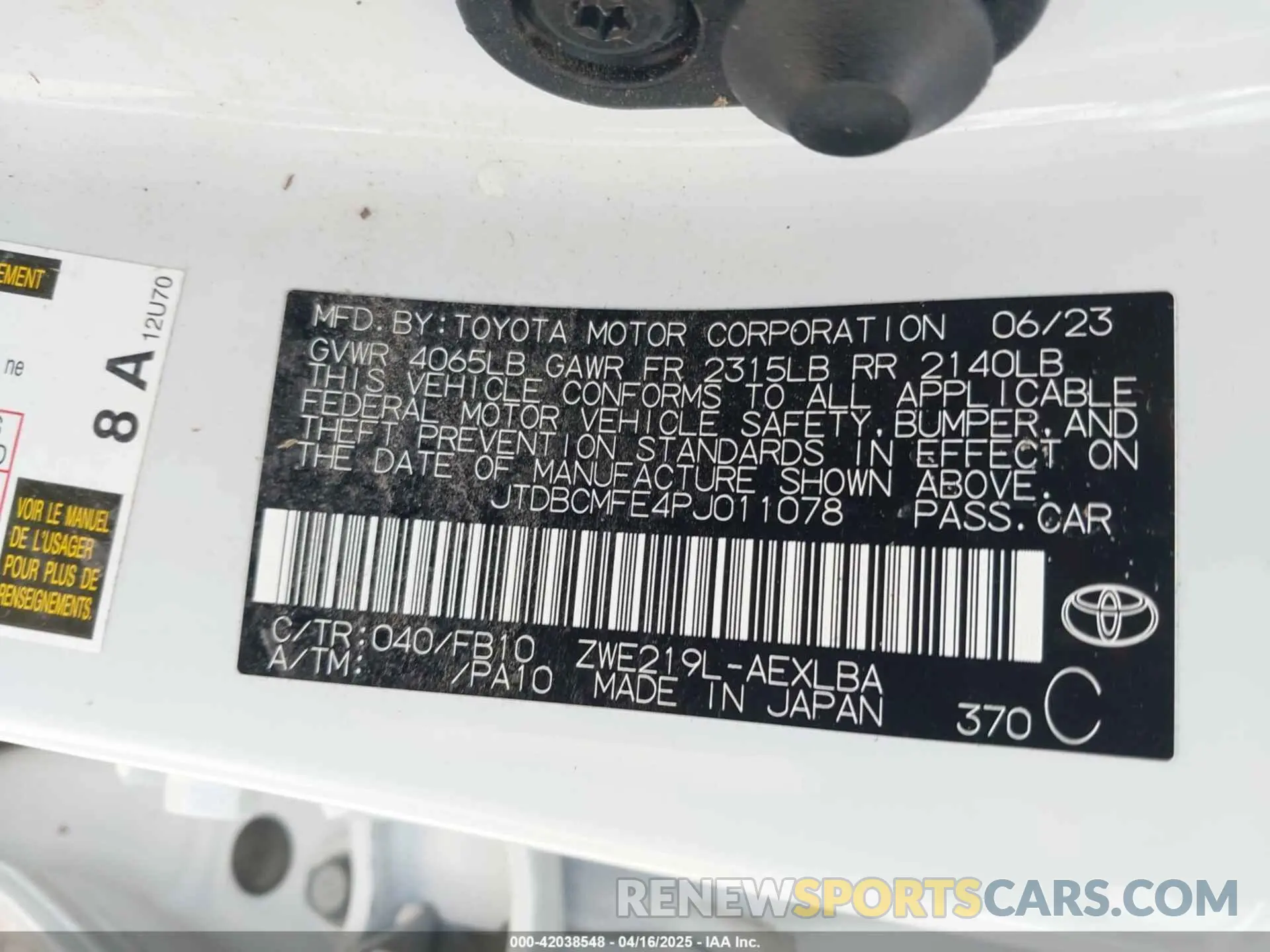 9 fotografías del automóvil dañado JTDBCMFE4PJ011078 TOYOTA COROLLA 2023