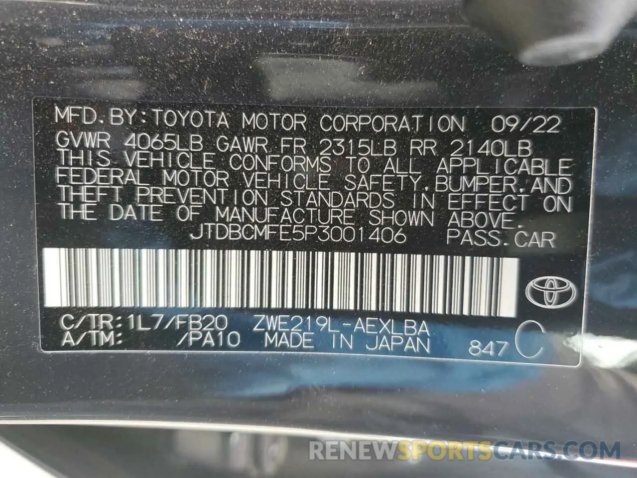 12 fotografías del automóvil dañado JTDBCMFE5P3001406 TOYOTA COROLLA 2023