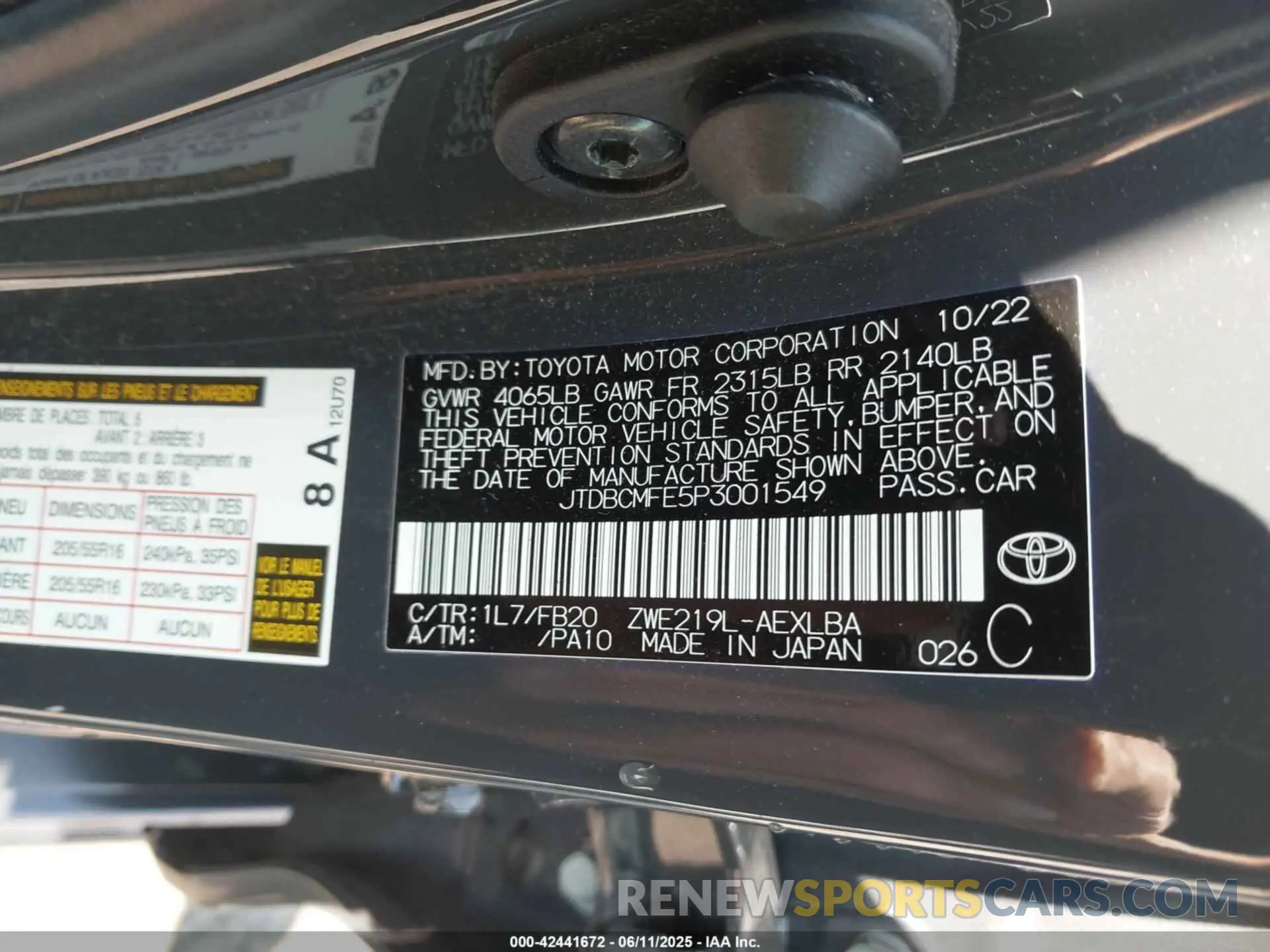 9 fotografías del automóvil dañado JTDBCMFE5P3001549 TOYOTA COROLLA 2023