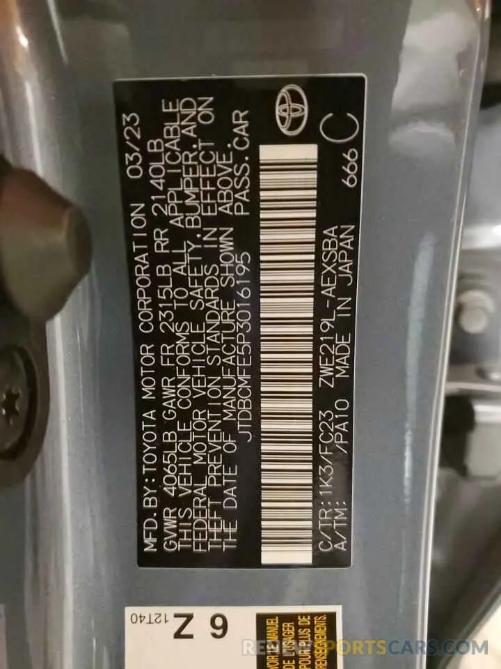 12 fotografías del automóvil dañado JTDBCMFE5P3016195 TOYOTA COROLLA 2023