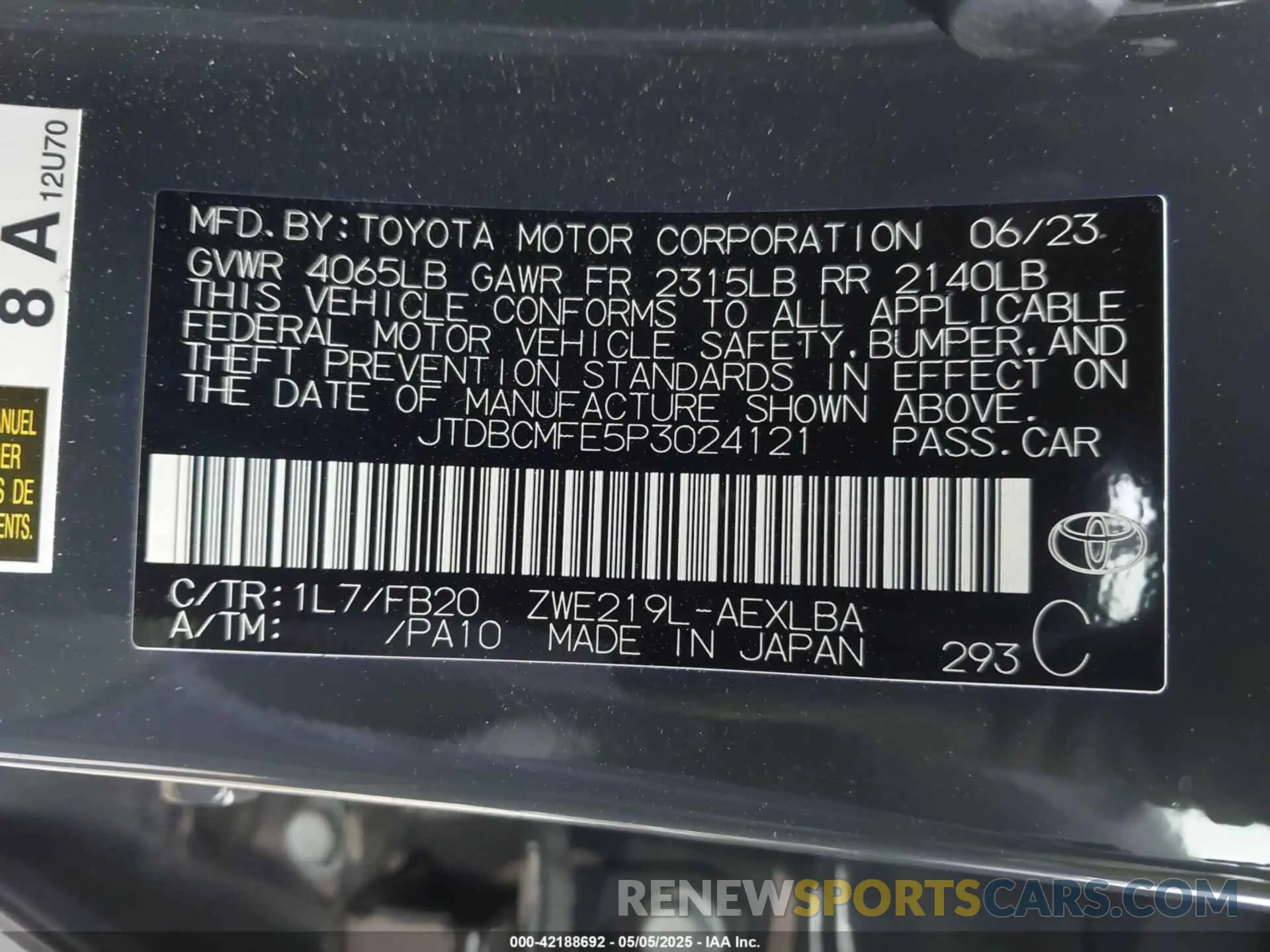 9 fotografías del automóvil dañado JTDBCMFE5P3024121 TOYOTA COROLLA 2023