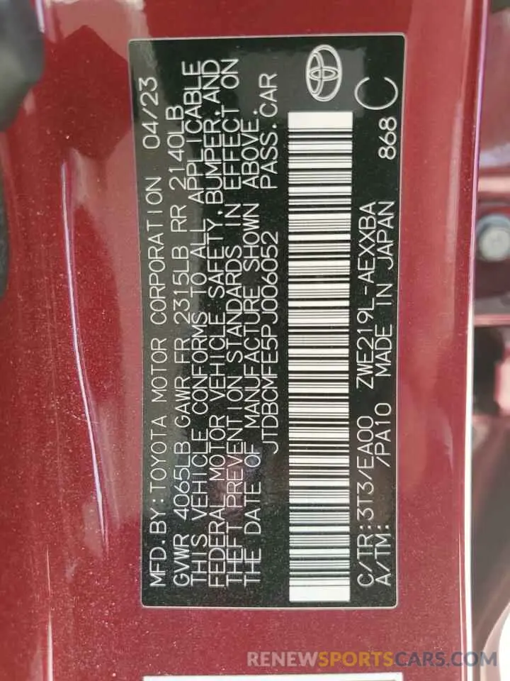 12 fotografías del automóvil dañado JTDBCMFE5PJ006052 TOYOTA COROLLA 2023